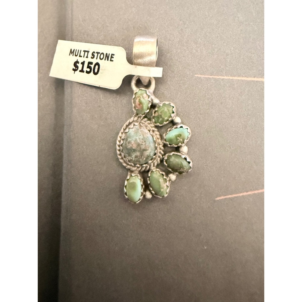 Sterling Silver Multi Stone Green Turquoise half Cluster Pendant 925